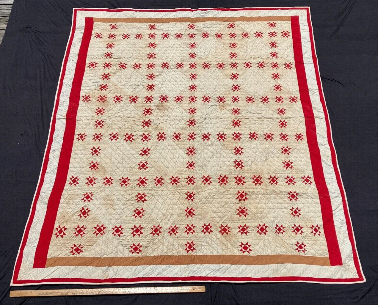 Antique 1880's Red and White Ohio Star Patchwork Quilt. Small Pieces