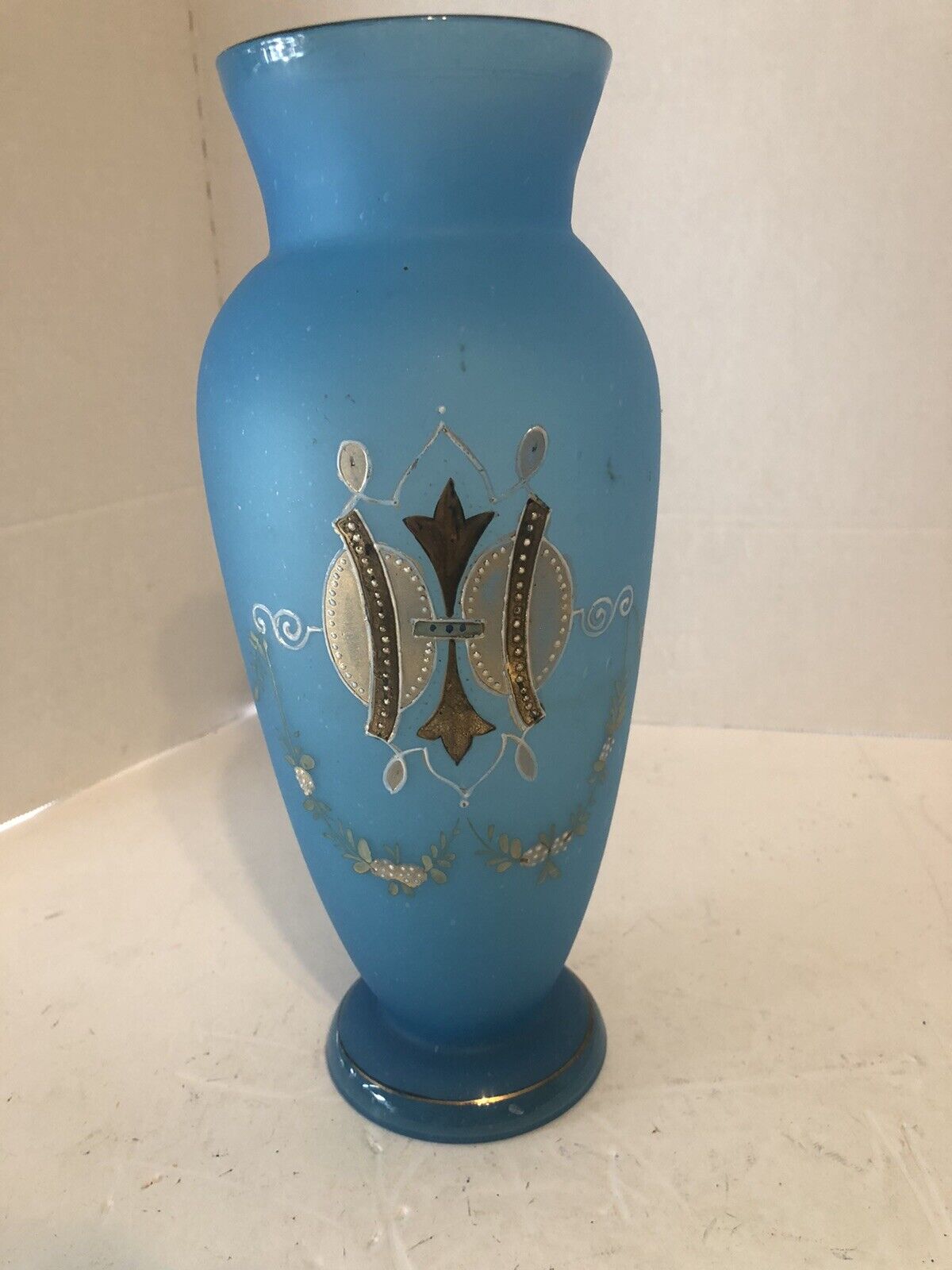 Vintage Hand Blown Hand Made Blue Satin 11.25” Vase with Gold Trim & Design