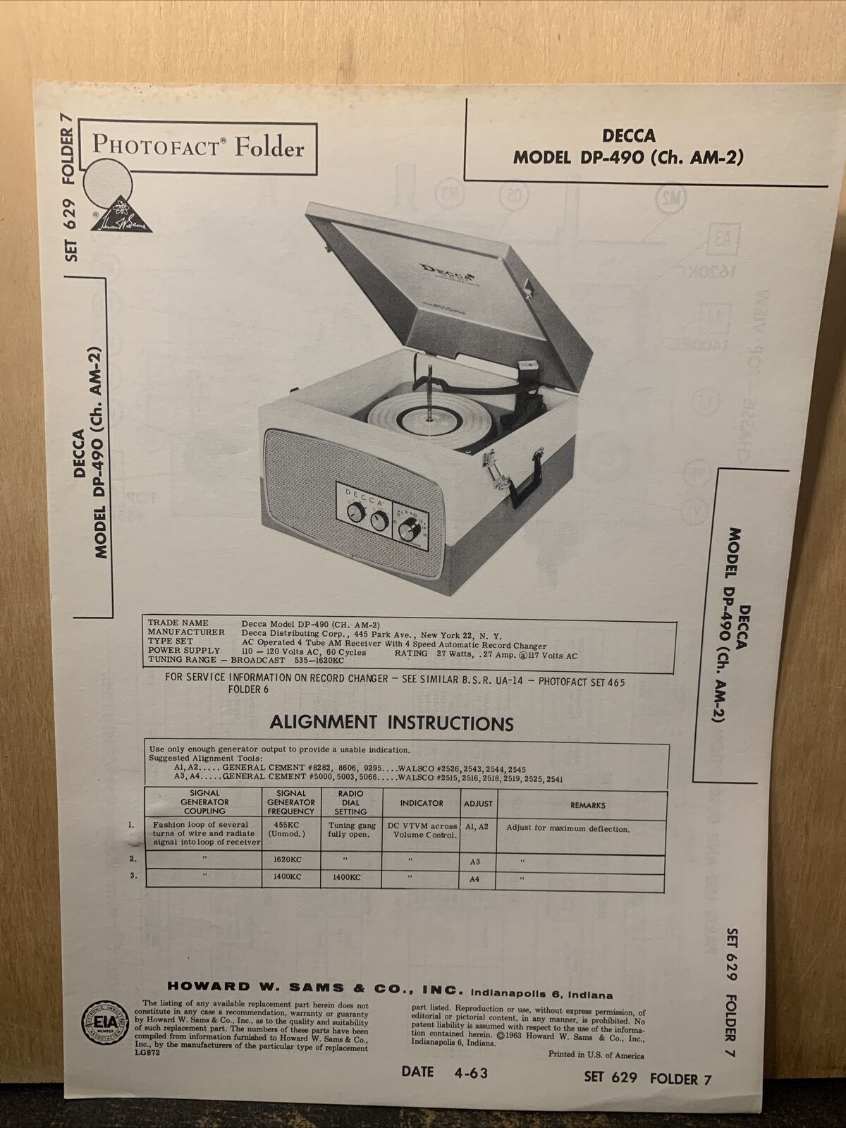 Decca Record Player Model DP-490  ￼-Service Manual- schematics, Parts List