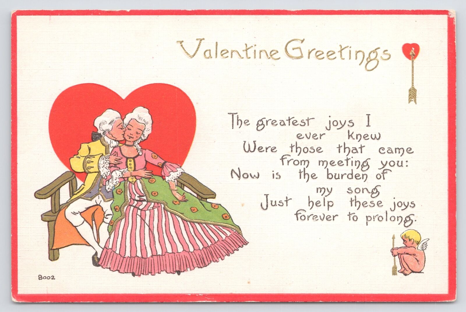 S Bergman~c1913~Valentine Greetings~Poem~Couple On Heart Bench~Cupid~Romance~Vtg