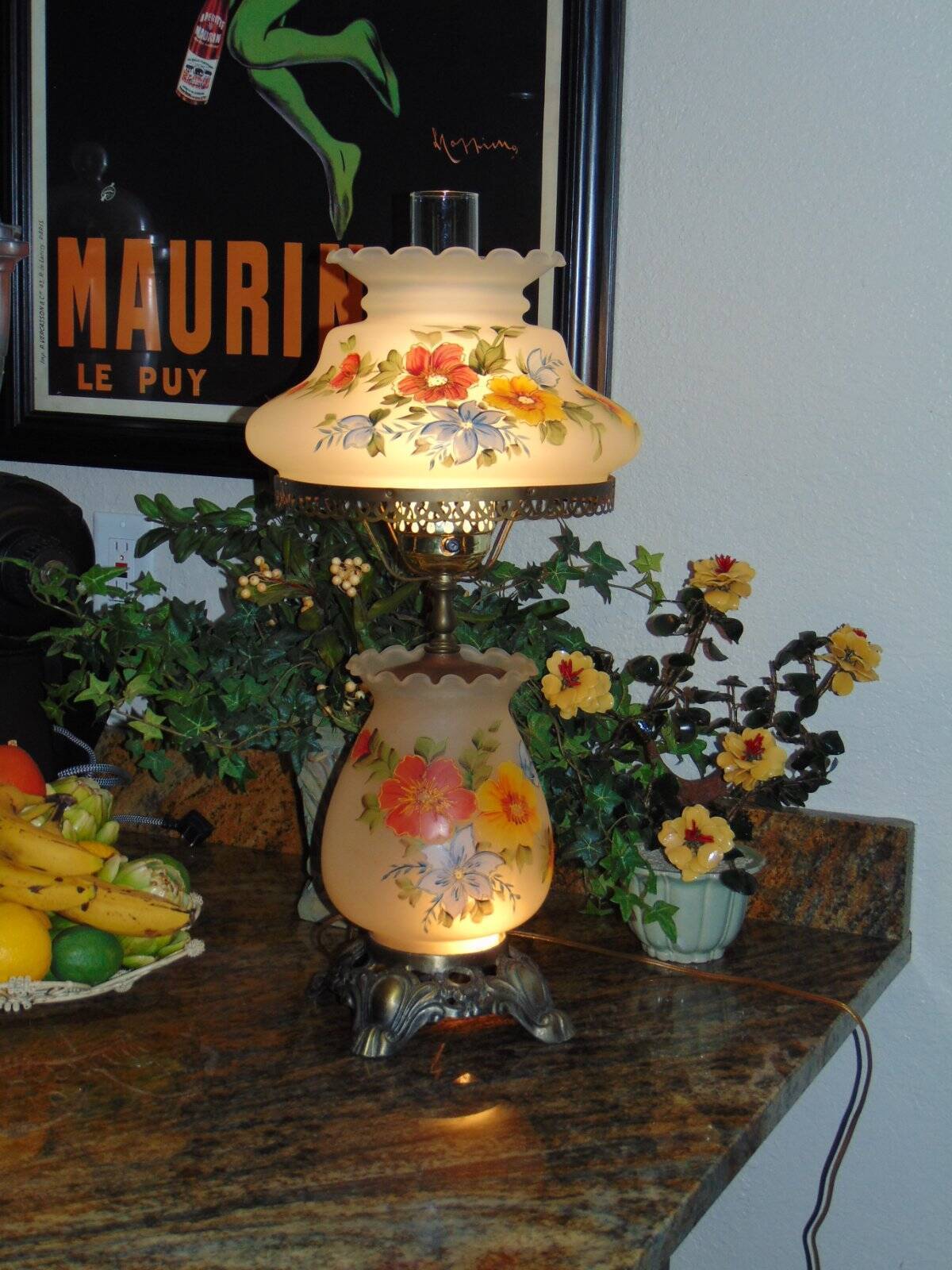 vintage HAND PAINTED FLORAL FROSTED GLASS HURRICANE LAMP 3-way 25 1/2\