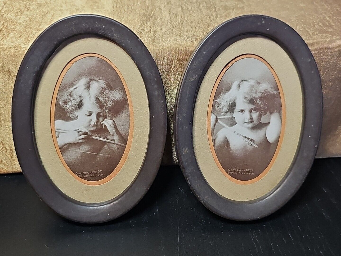 Vtg Pair Cupid Awake Pictures Original Metal Oval 4” Frames c 1897 M B Parkinson