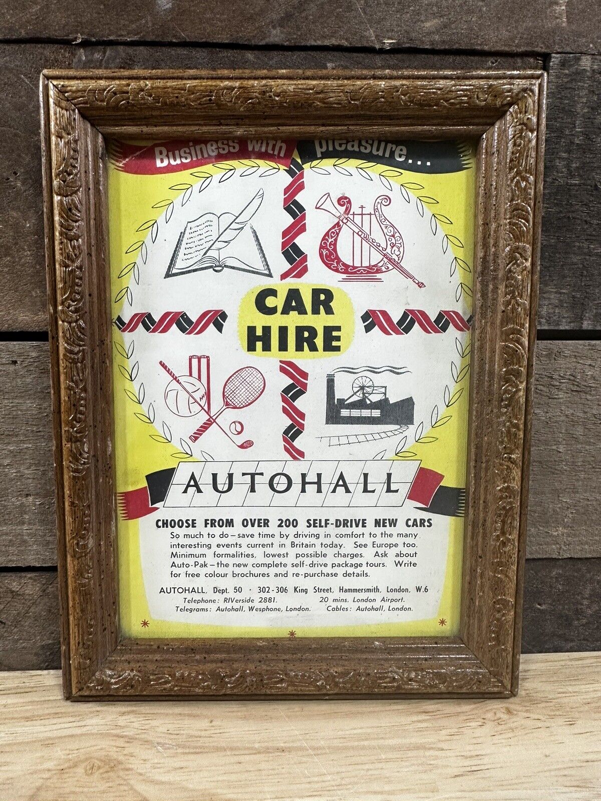 Vintage Wood Framed Car Hire Autohall Framed Advertising 