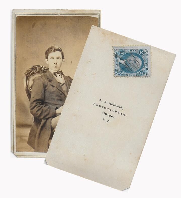 CIRCA 1862-71 CDV HANDSOME YOUNG MAN 2c WASHINGTON CIVIL WAR REVENUE TAX STAMP