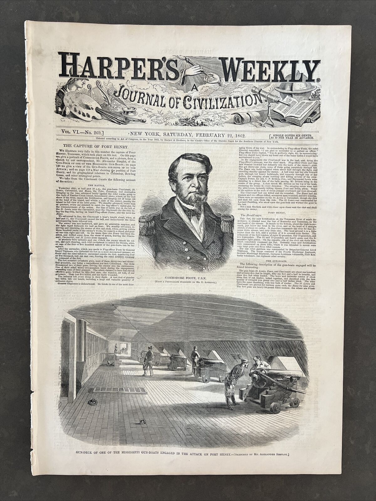 HARPERS WEEKLY Feb 22 1862 ATTACK ON FORT HENRY PRISONERS CIVIL WAR ORIGINAL