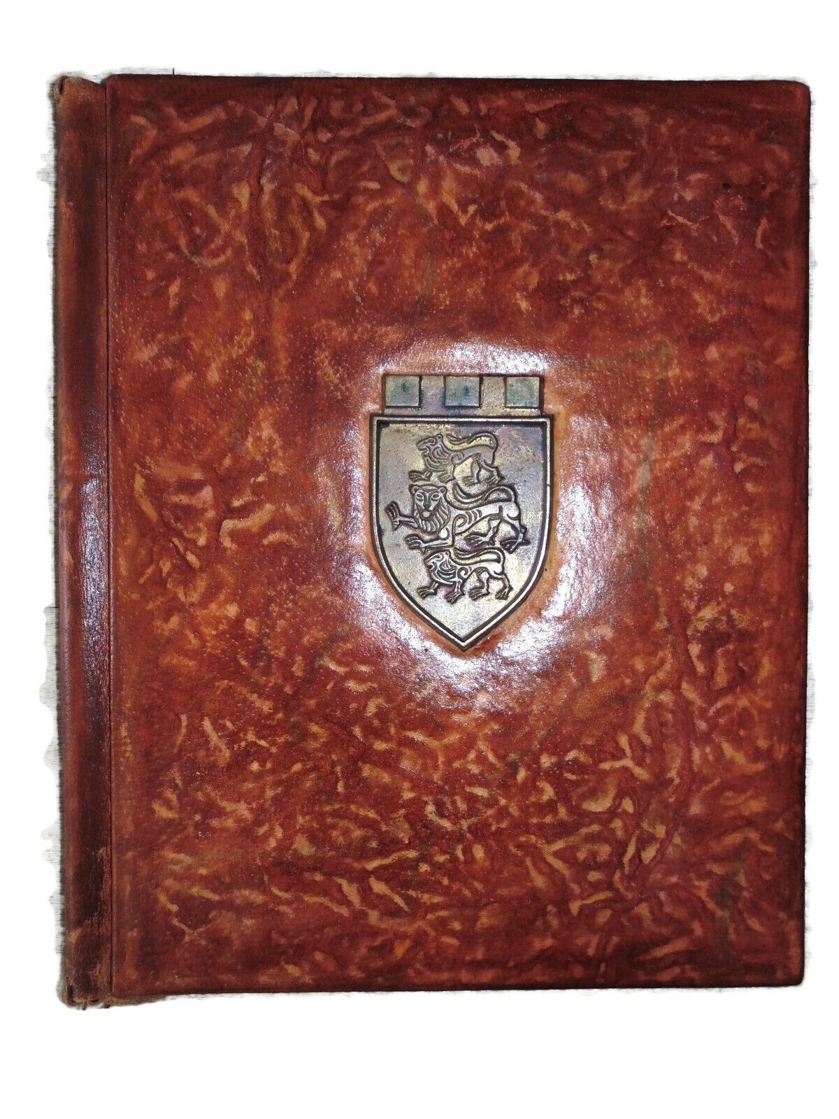 Vintage HUGE Brown Leather Bound Book Journal Cover Folder Crest Menu Portfolio