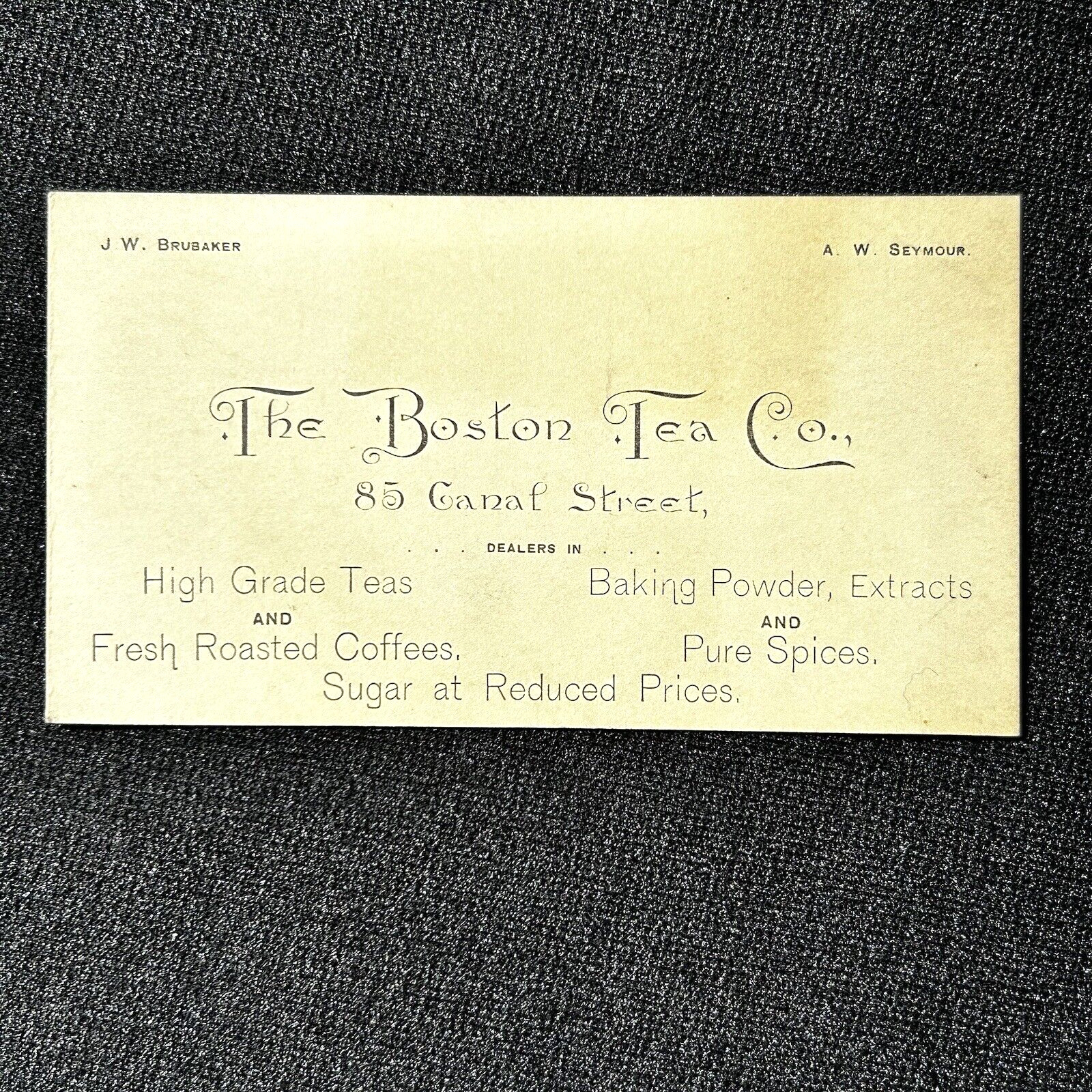 1880s Boston Tea Co Trade Card JW Brubaker AW Seymour Grand Rapids MI Canal St