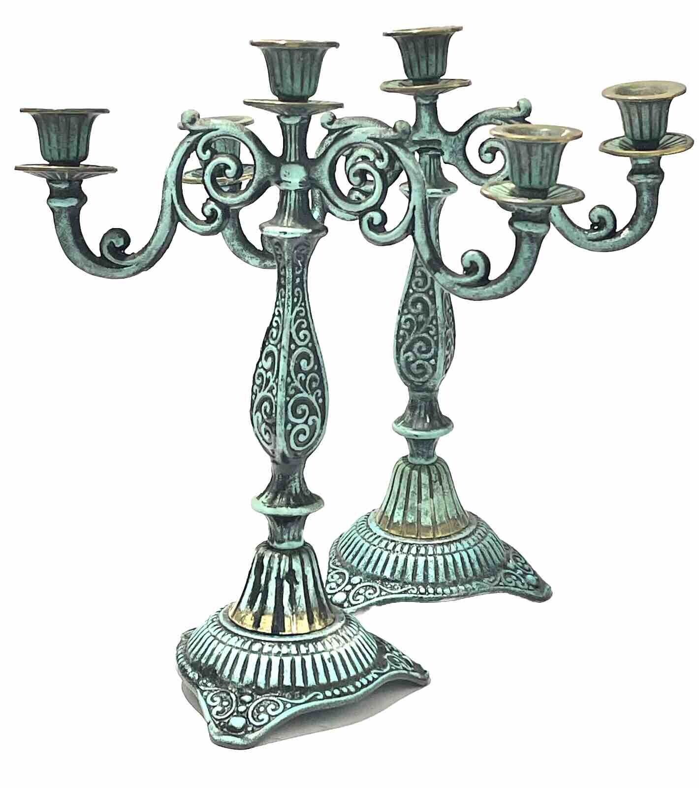 70s Vintage pair  FRENCH PROVINCIAL Style CANDELABRA’s Brass&Green Wash-signed