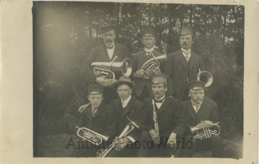 Woodwind music band w trumpet clarinet in woods antique rppc photo