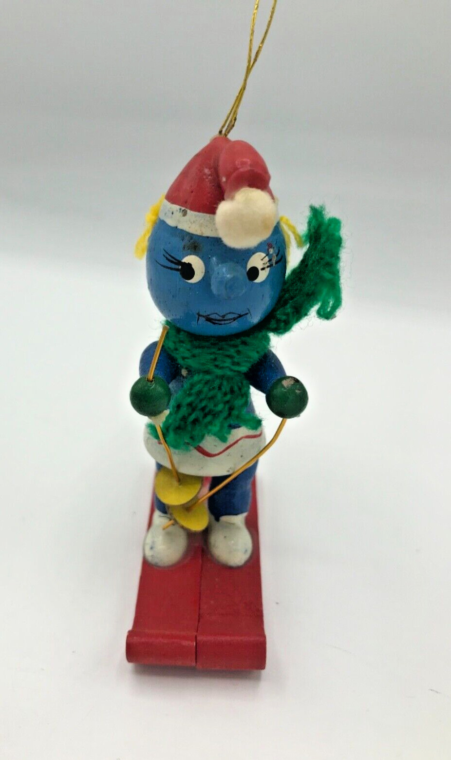 Vintage Wooden Smurf Ornament  on Skis  3.75 Inches Tall  CHRISTMAS