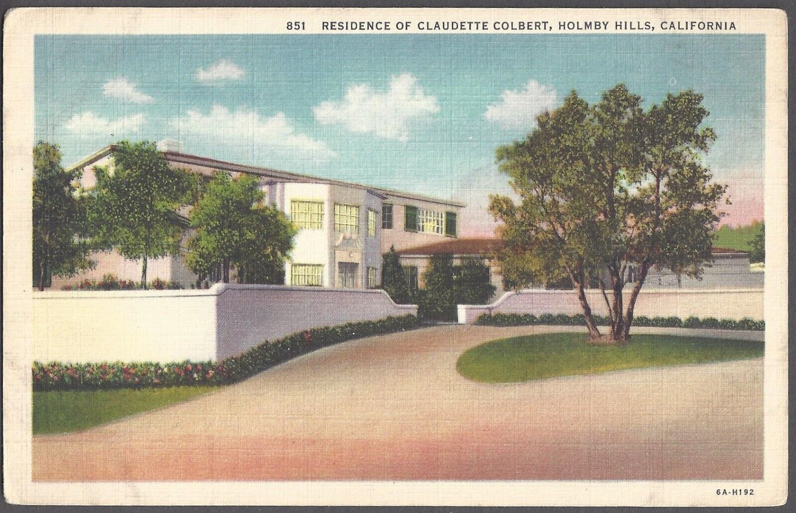RESIDENCE OF CLAUDETTE COLBERT Postcard Holmby Hills, California
