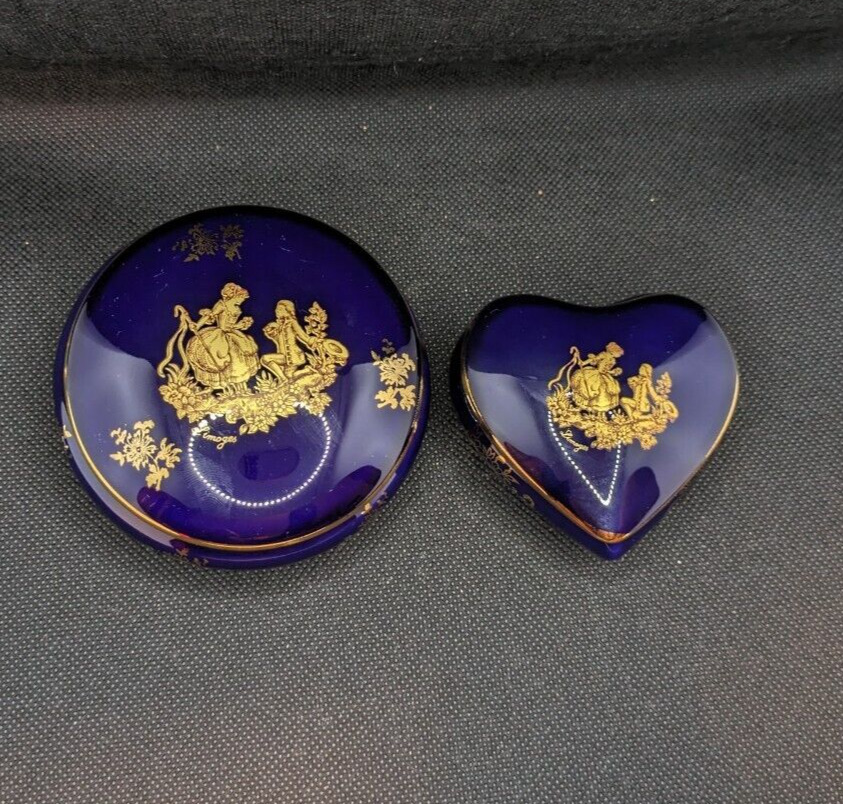 Set of 2 Limoges Cobalt Blue with gold trim Trinket Boxes, Circle and Heart