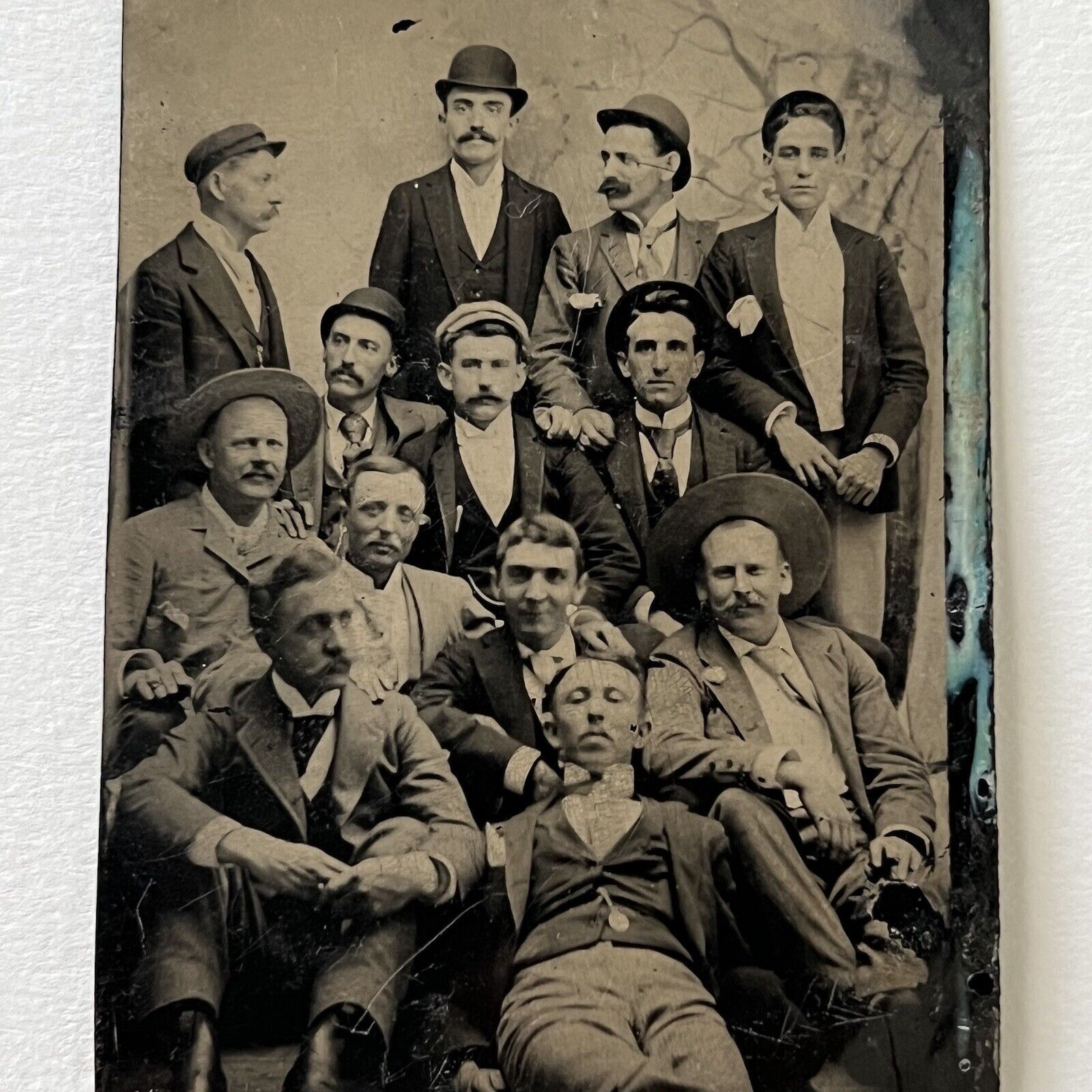 Antique Tintype Photograph Handsome Affectionate 13 Men Large Group Photo Odd