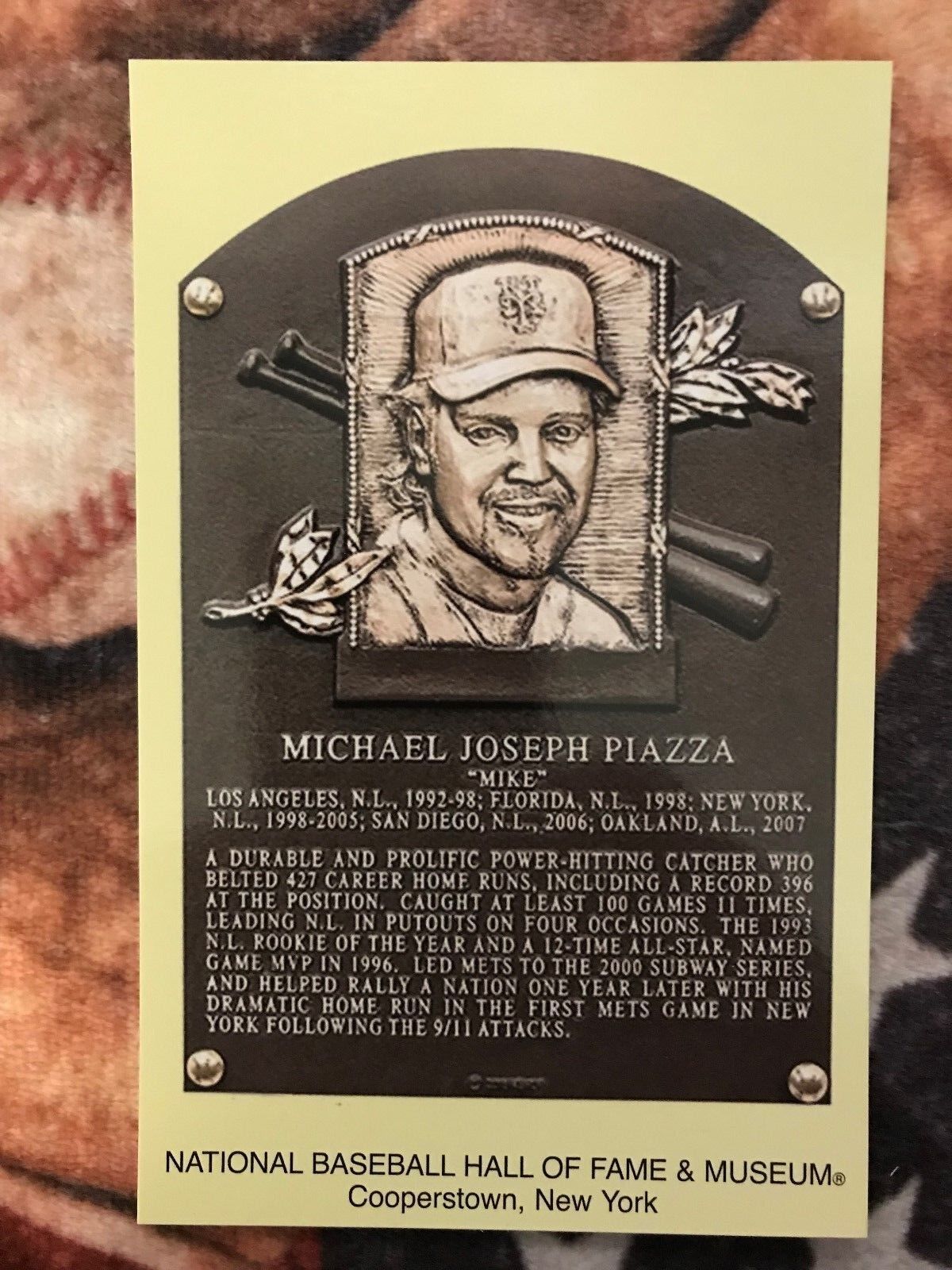 Mike Piazza Postcard- Baseball Hall of Fame Induction Plaque - NY Mets Photo