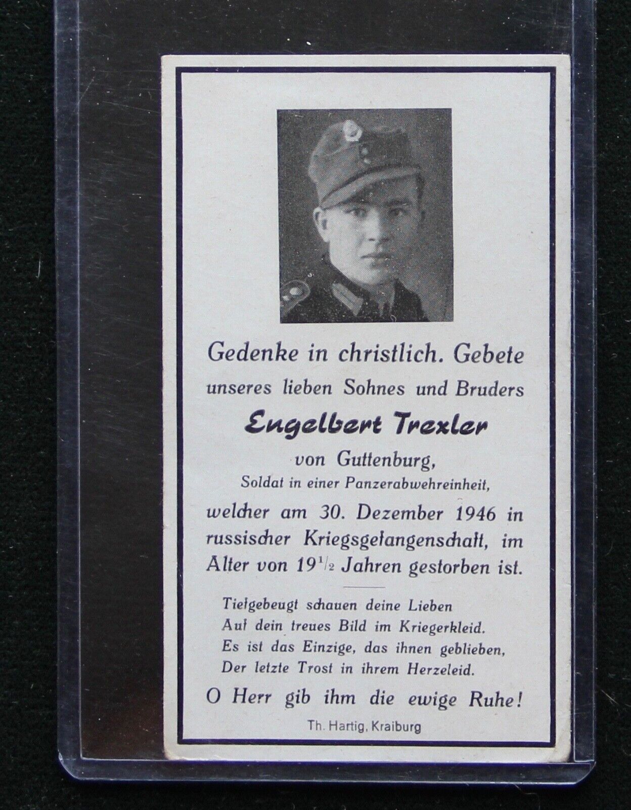 WWII German Sterbebild Card RAD Engelbert Trexler 12/30/46 Russia POW 19Y.O. M43