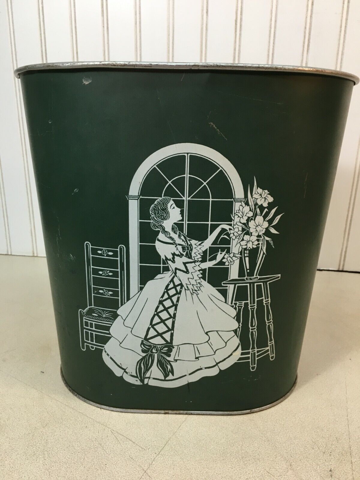 Vintage 11.5in Oval  Green Metal Trash Can Lady in dress at window with flowers 