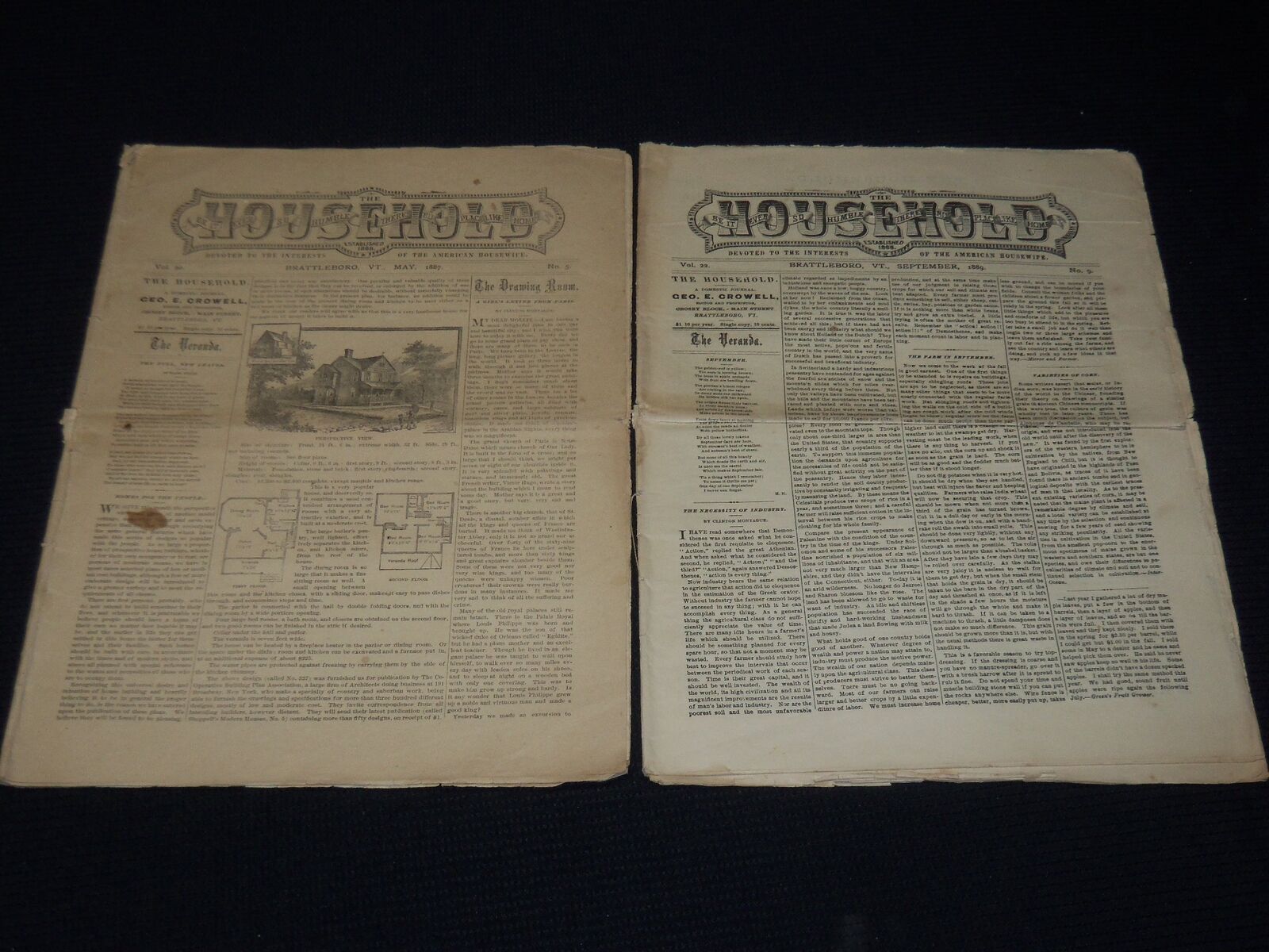 1887-1889 THE HOUSEHOLD NEWSPAPER LOT OF 2 ISSUES - BRATTLEBORO, VT - NP 3878A