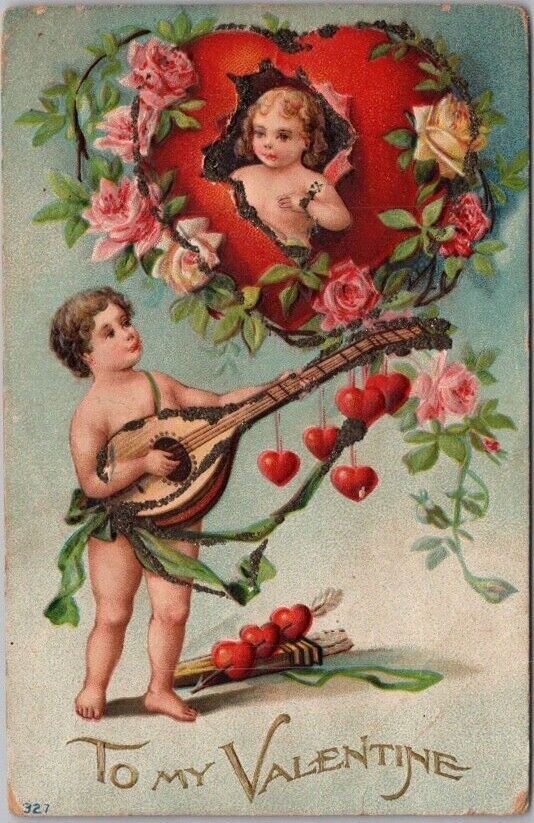 c1910s VALENTINE'S DAY Embossed Postcard Cupid MANDOLIN Serenade / Unused