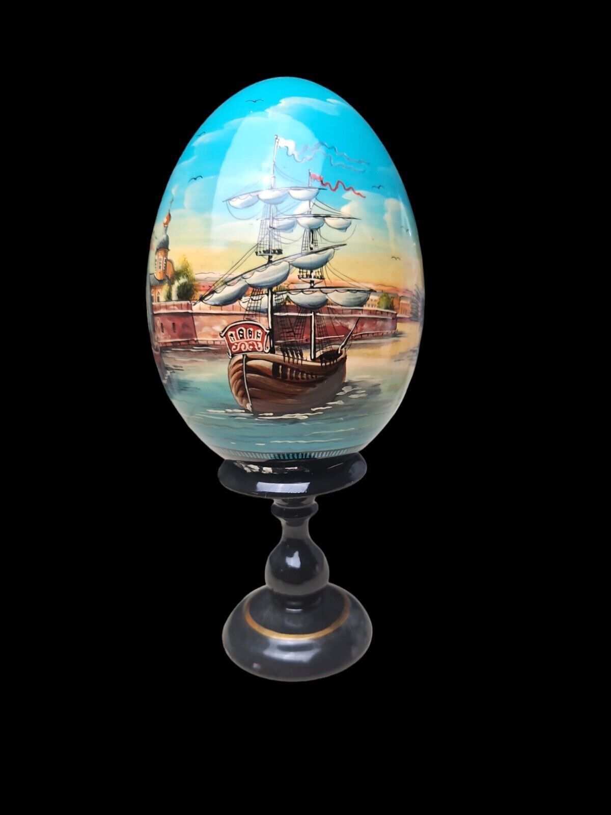 Russian Hand Painted Lacquer Wood Egg on Stand~Rare Sailing Ships Scenes~Signed 
