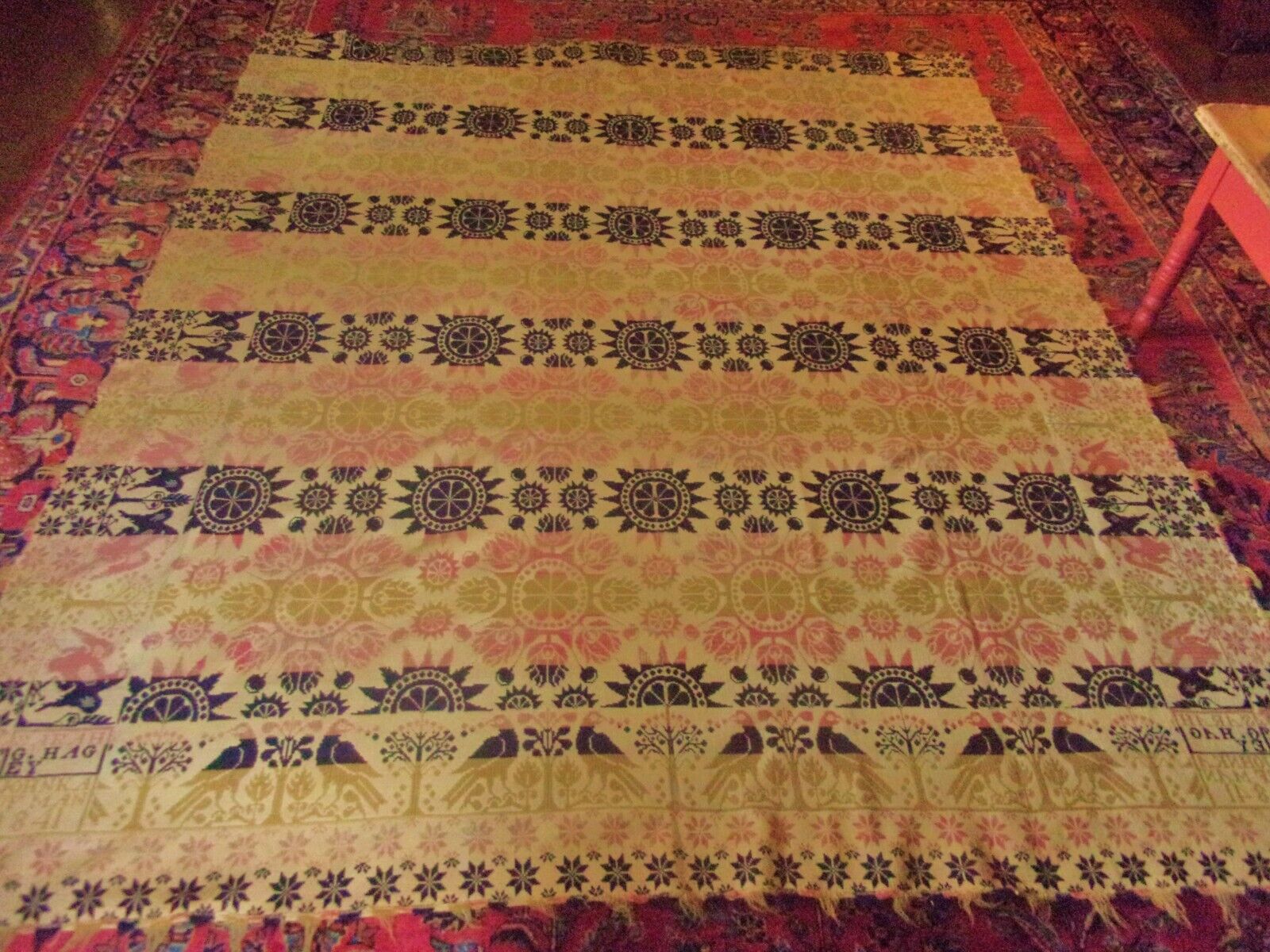ANTIQUE COVERLET DATED SIGNED AS FOUND BLUES PINKS YELLOWS