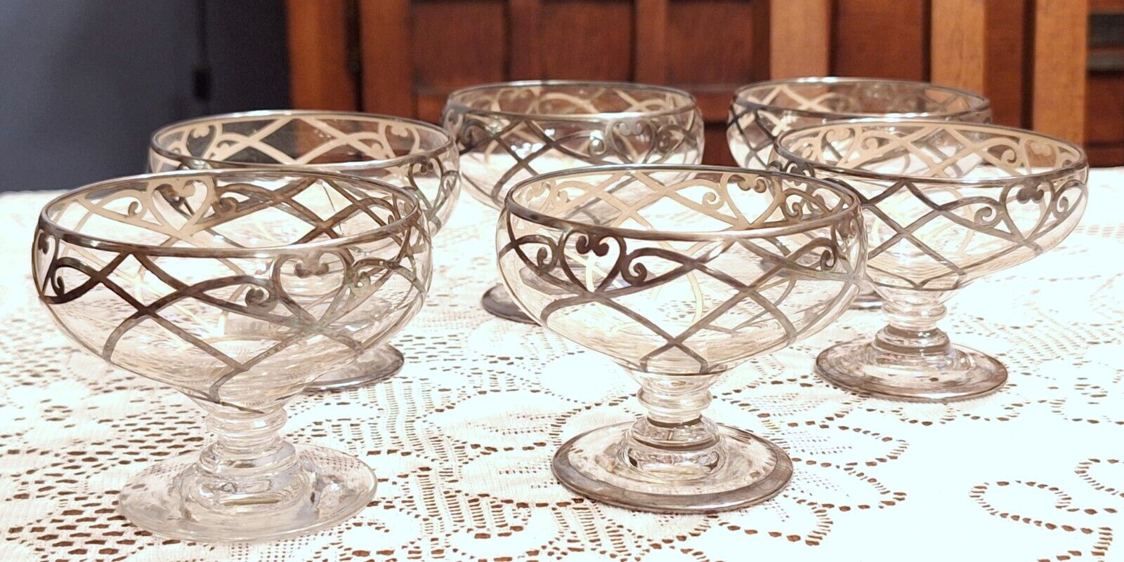 Antique Silver Overlay Champagne or Sherbert Dessert Handblown Glasses, 1920s