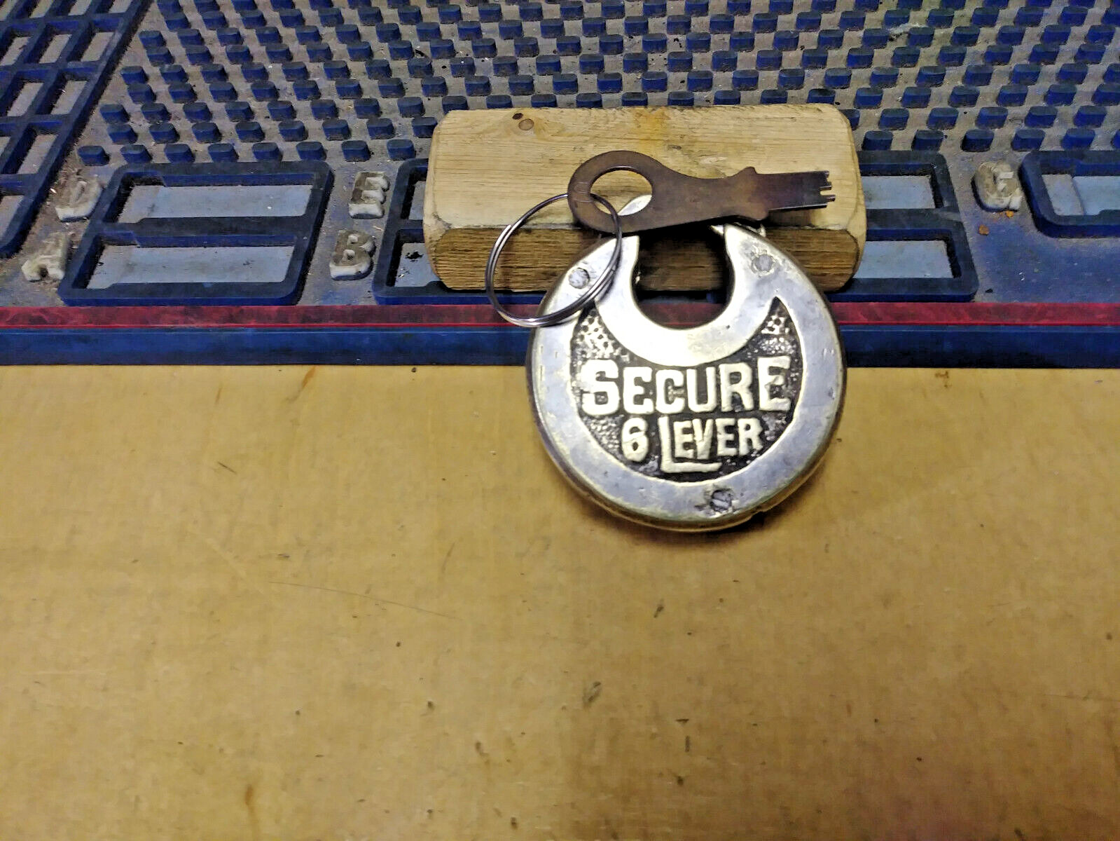 antique/vintage  SECURE  6 lever push key pancake padlock   w/key    70