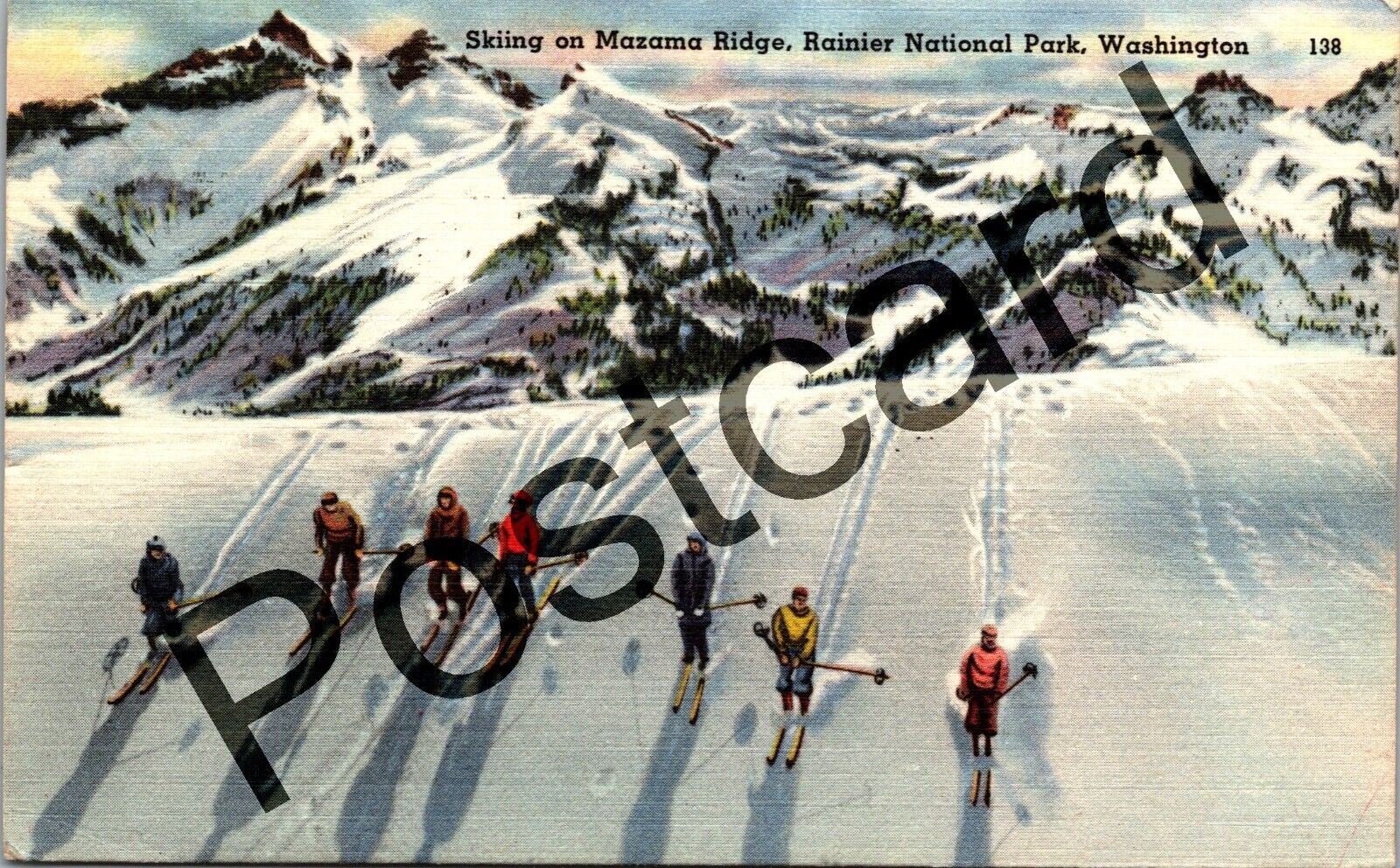 1952 Skiing on Mazama Ridge, Rainier Park, PARADISE VALLEY, postcard jj102