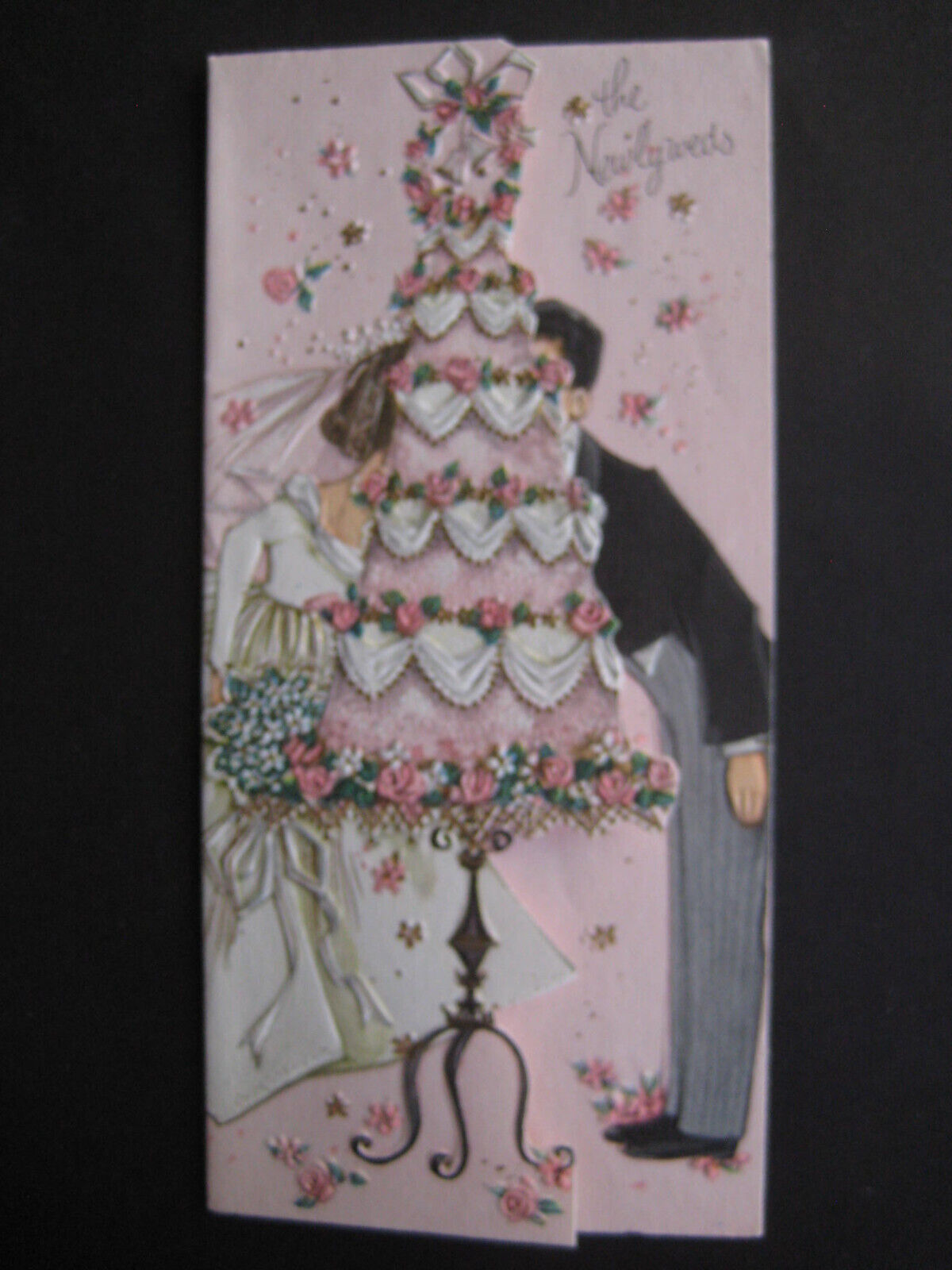 1960s vintage greeting card WEDDING Bride & Groom Behind the Wedding Cake