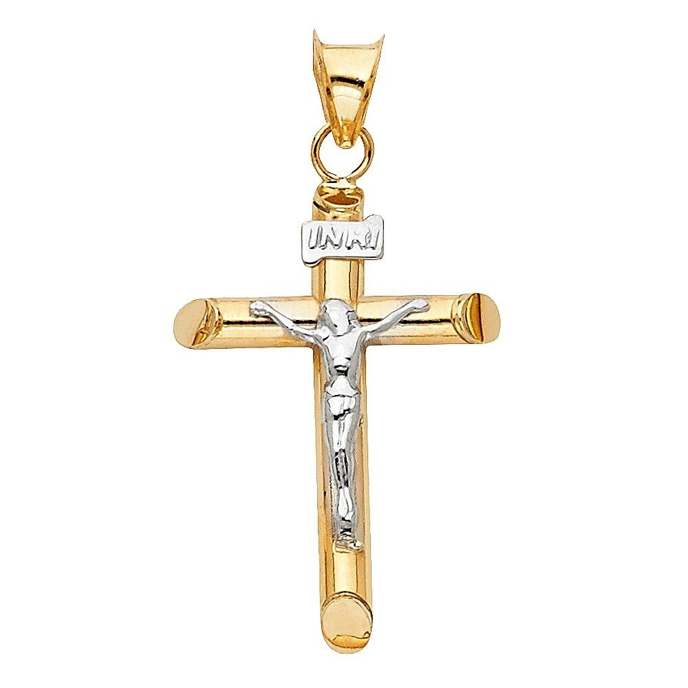 Cross Charm Jesus 14k Italian Solid Gold 2-Tone Religious 35mm Crucifix Pendant