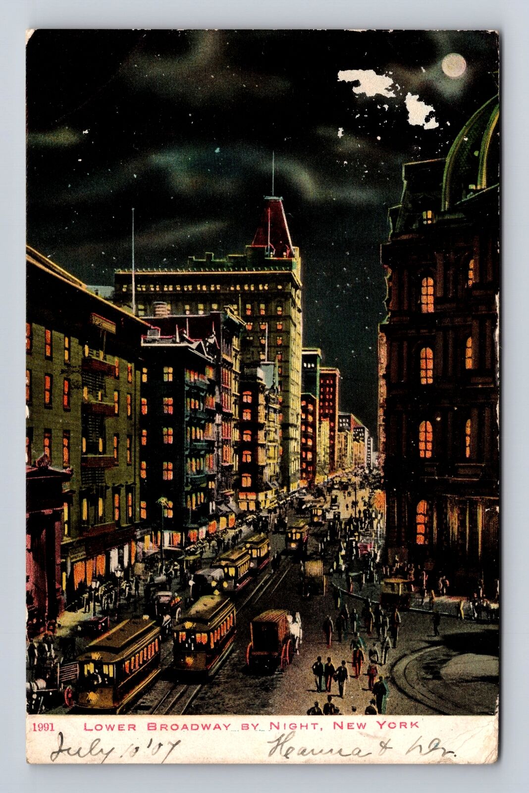 New York City NY-Lower Broadway By Night, Antique, Vintage c1907 Postcard