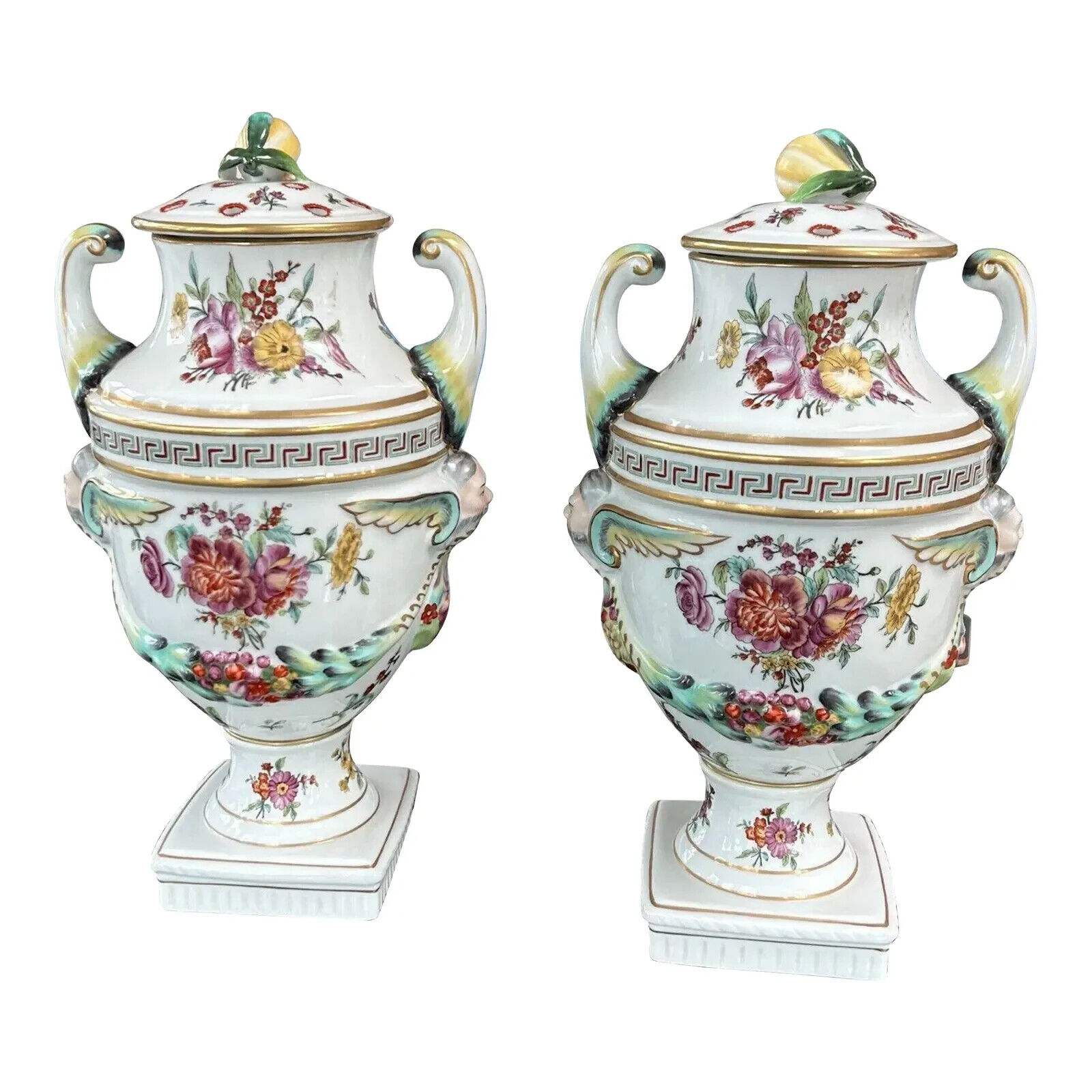 Vintage Chelsea House Vase Urns Handpainted Porcelain Chinoiserie Large Pair