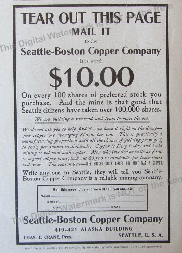 1906 Print Ad * Buy Seattle-Boston Copper Company Stock Shares Mining Cascades