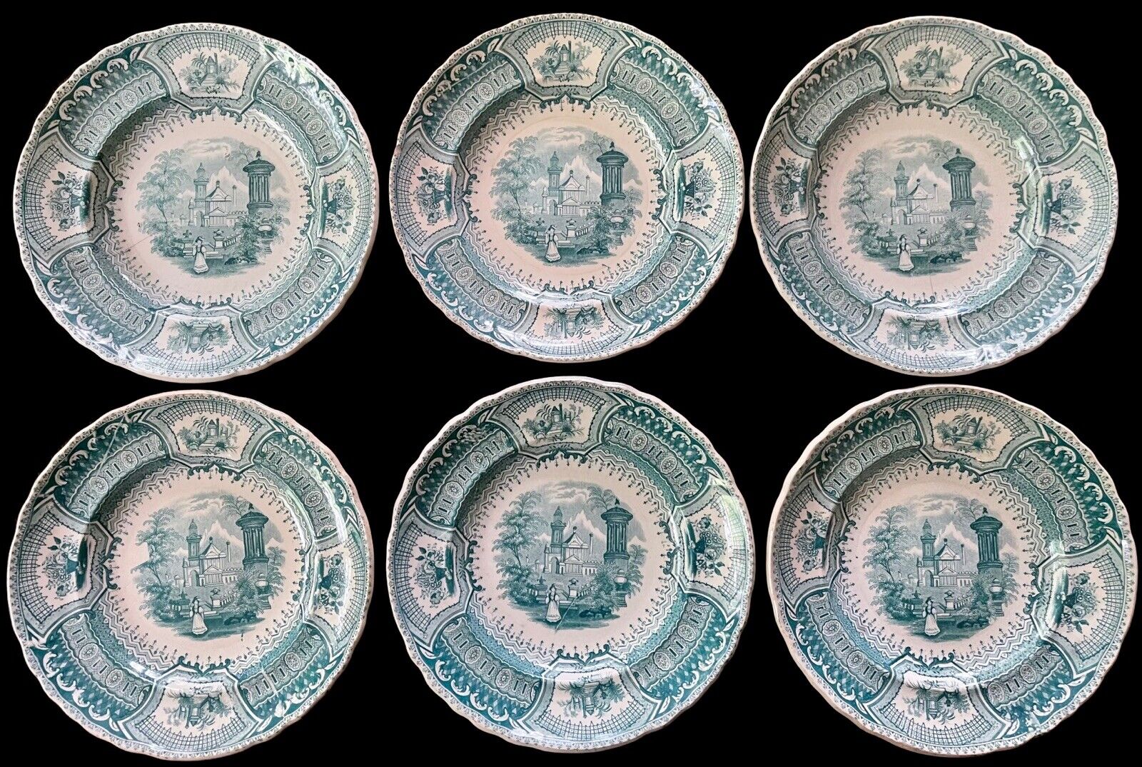 6 Antique Green Transferware 7-1/4 in Plates by WOOD & CHALLINOR CORSICA c. 1835