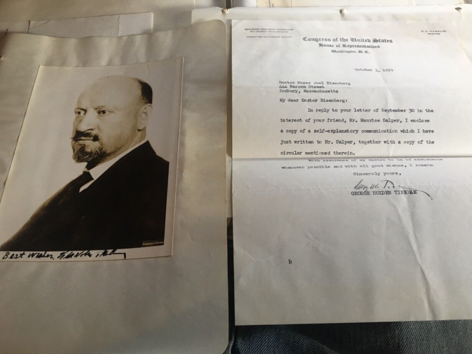1942 GEORGE HOLDEN TINKHAM Massachusetts Congress TLS Letter Signed photo 