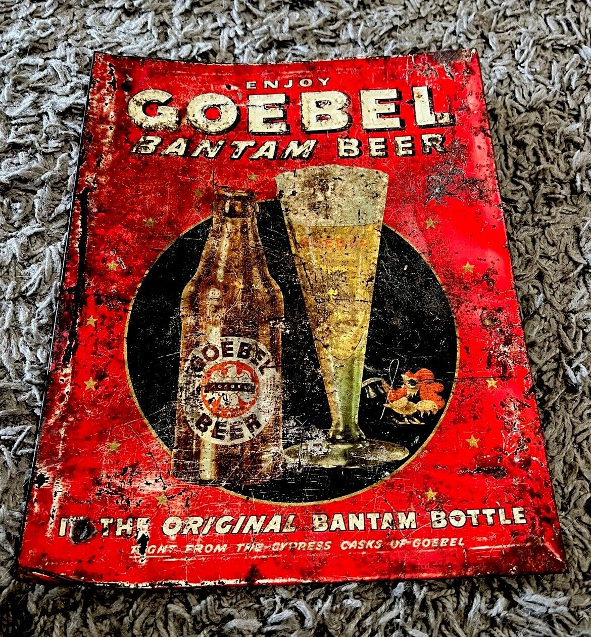 Antique Vintage Goebel Bantam Beer TOC tin Over Cardboard Metal Sign Xlnt Patina