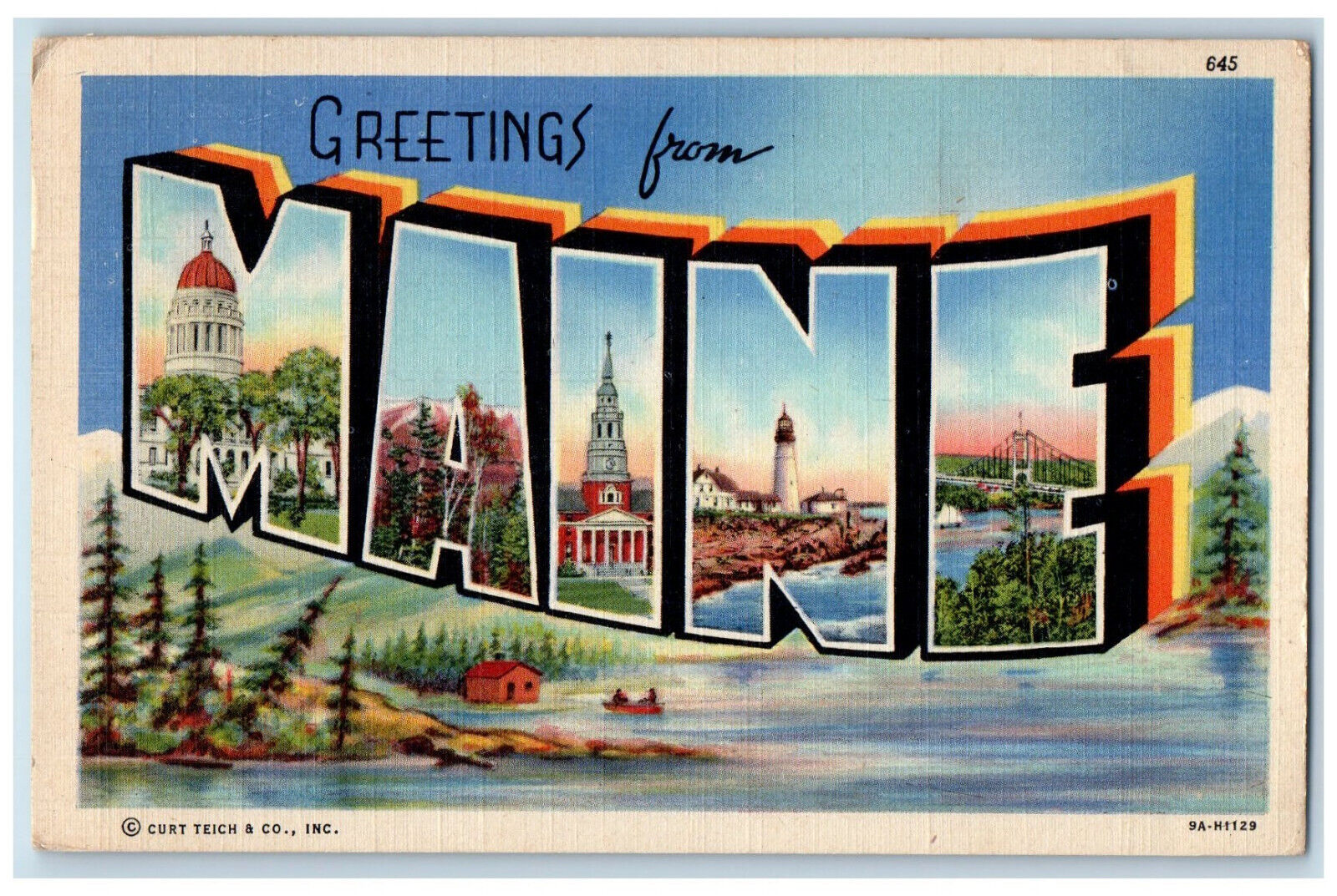 1948 Big Letters, Buildings Bridge, Greetings from Maine ME Vintage Postcard