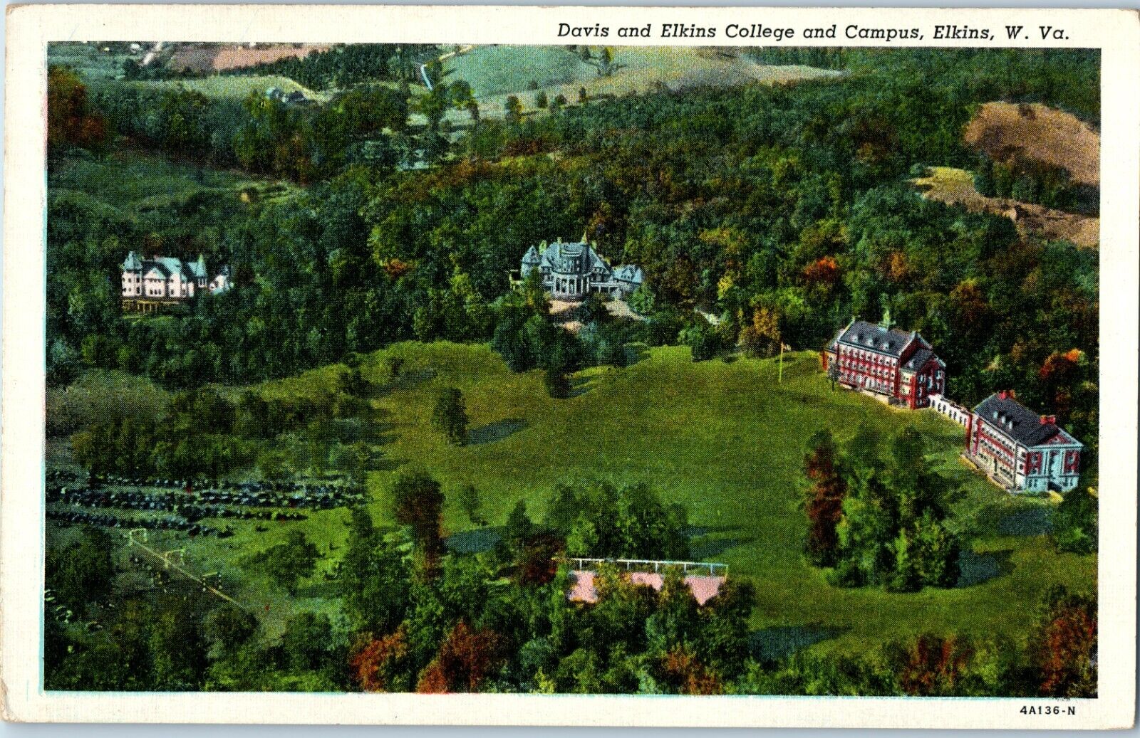 1940s Vintage Postcard Davis & Elkins College Campus Elkins, West Virgina Aerial