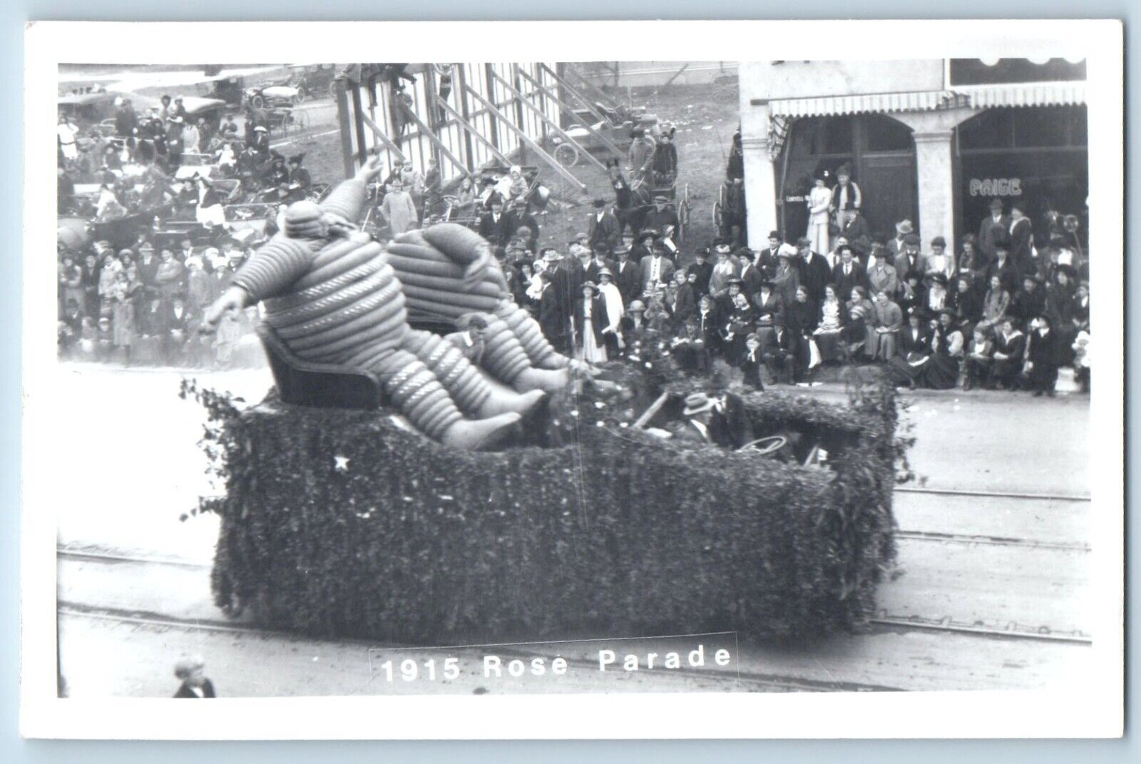 Pasadena California CA Postcard RPPC Photo 1915 Rose Parade Michellin Man