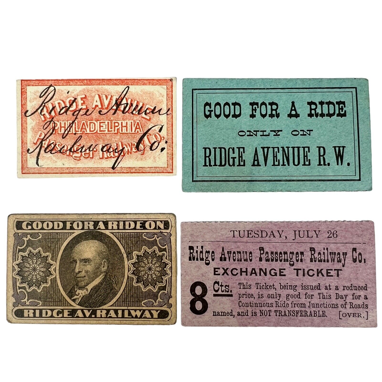 Antique 1880’s 1890’s RIDGE AVENUE RAILWAY COMPANY 4 Tickets PHILADELPHIA PA