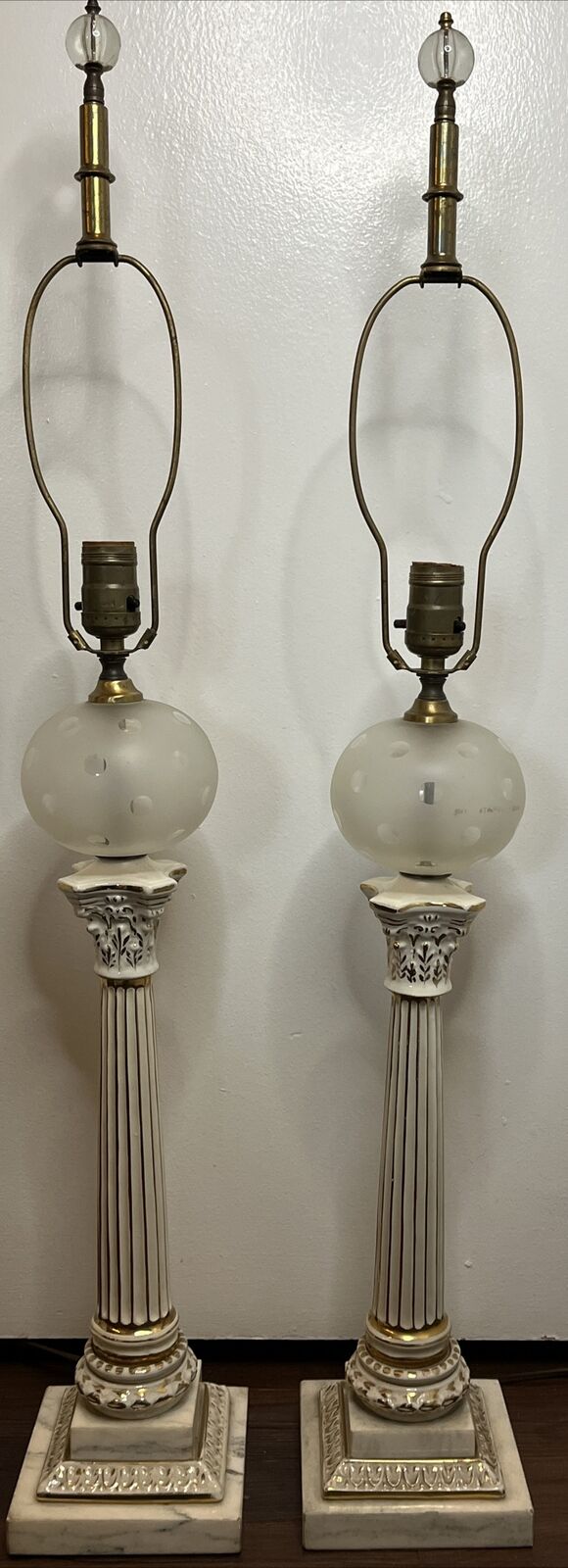 Pair of Vintage Italian Marble-Based Porcelain Coin-Spot Table Lamps