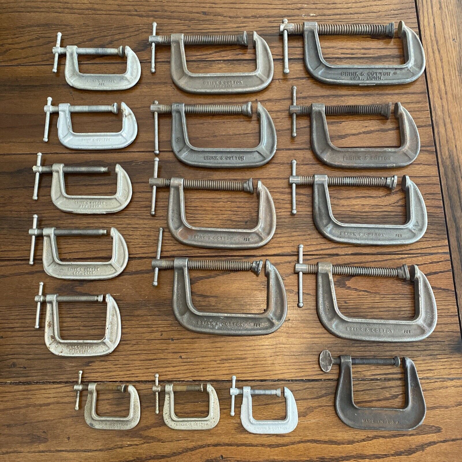 Vintage C-clamp Lot Of (17) Sizes  1 1/2”-5” Brink And Cotton Clamps Made In USA