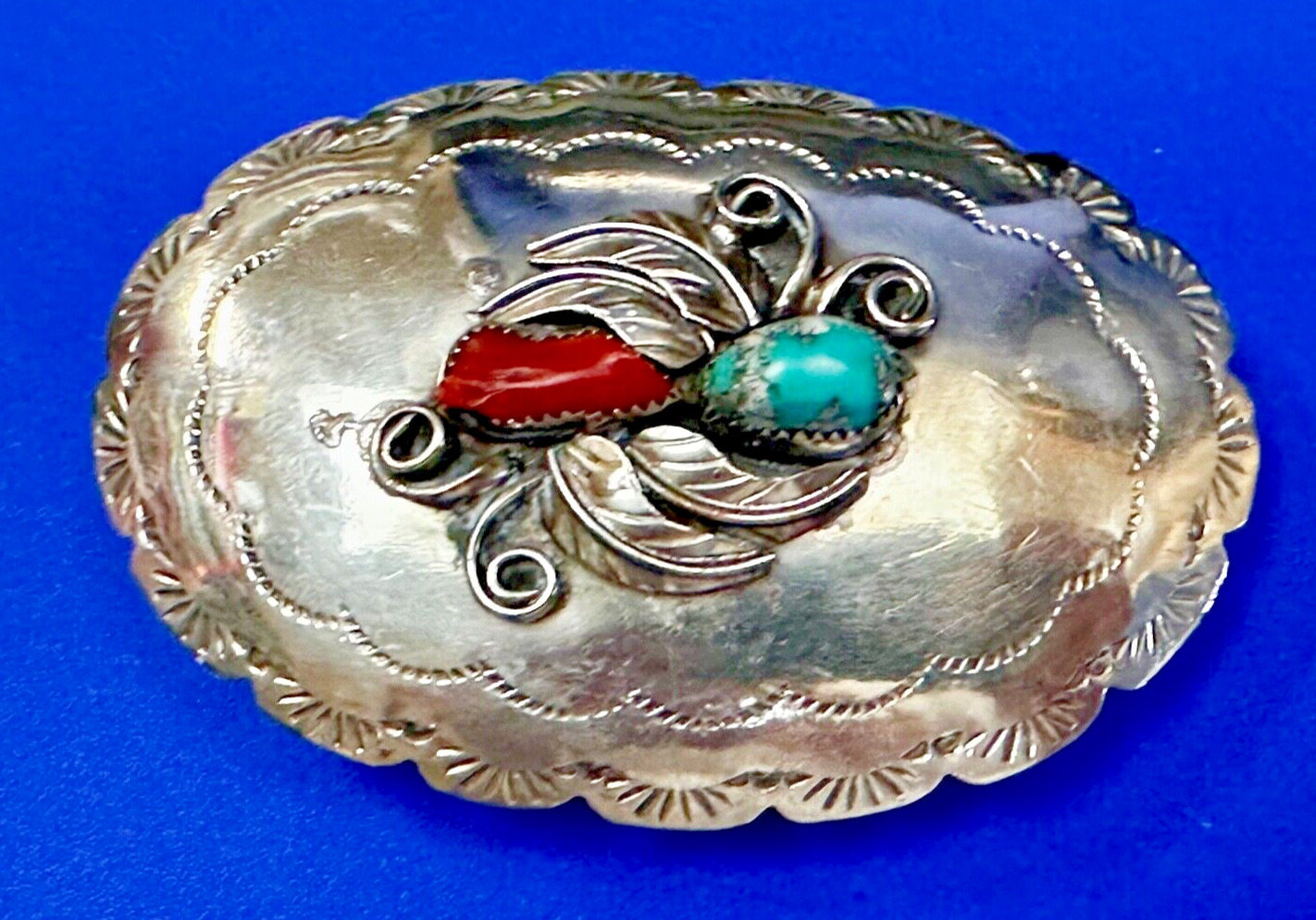 Native American Indian Turquoise & Coral Chunk Vintage Ornate Leaf Belt Buckle