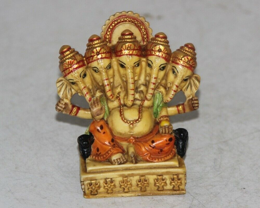 Vintage Resin Handpainted Hindu 5-Side Faces God Ganesh Statue, Figurine 5874