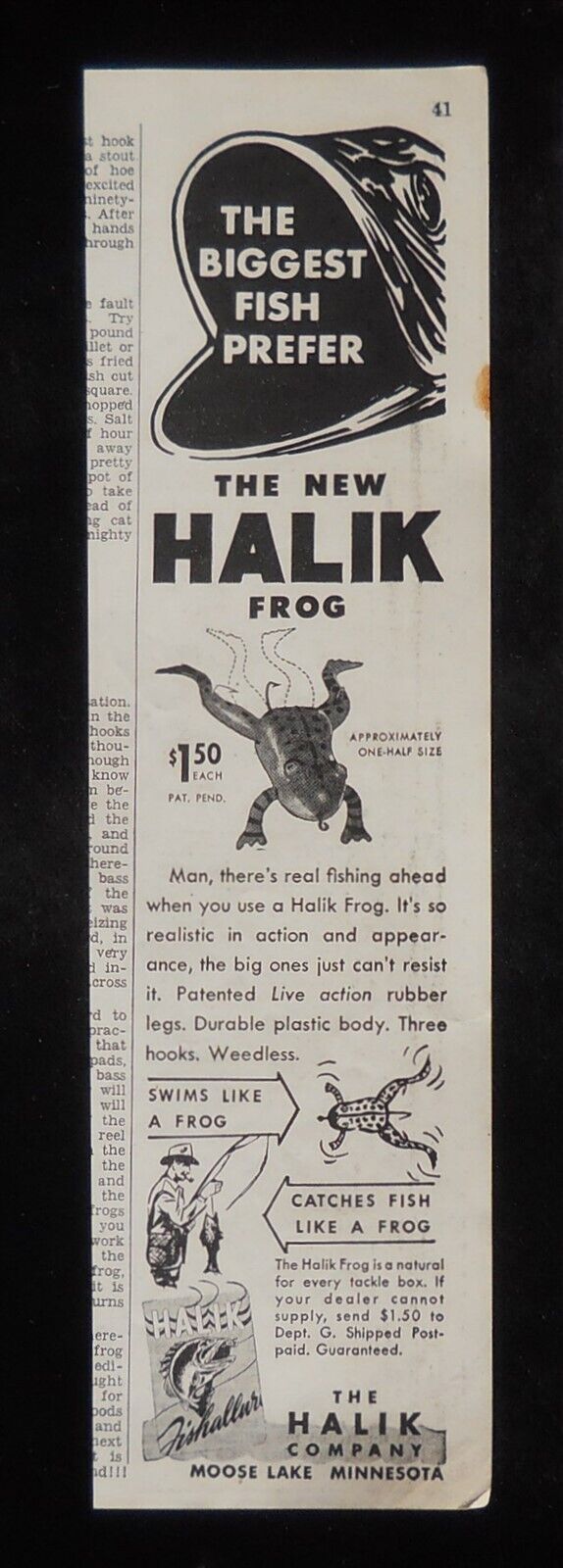 1948 FISHING The Biggest Fish Prefer The New Halik Frog Lure Moose Lake MN AD