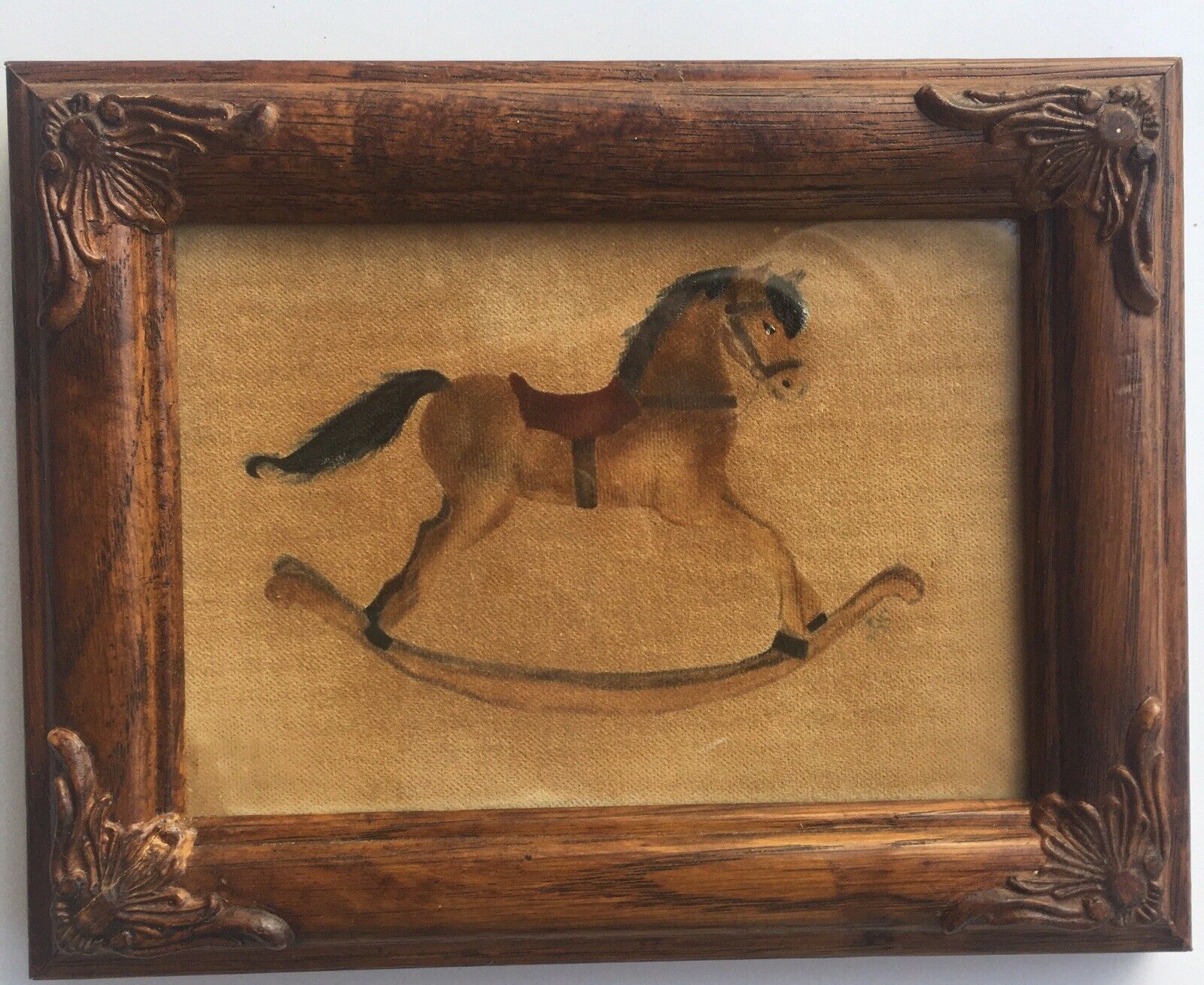 Vintage Primitive Original Painting Rocking Horse On Fabric Framed Under Glass