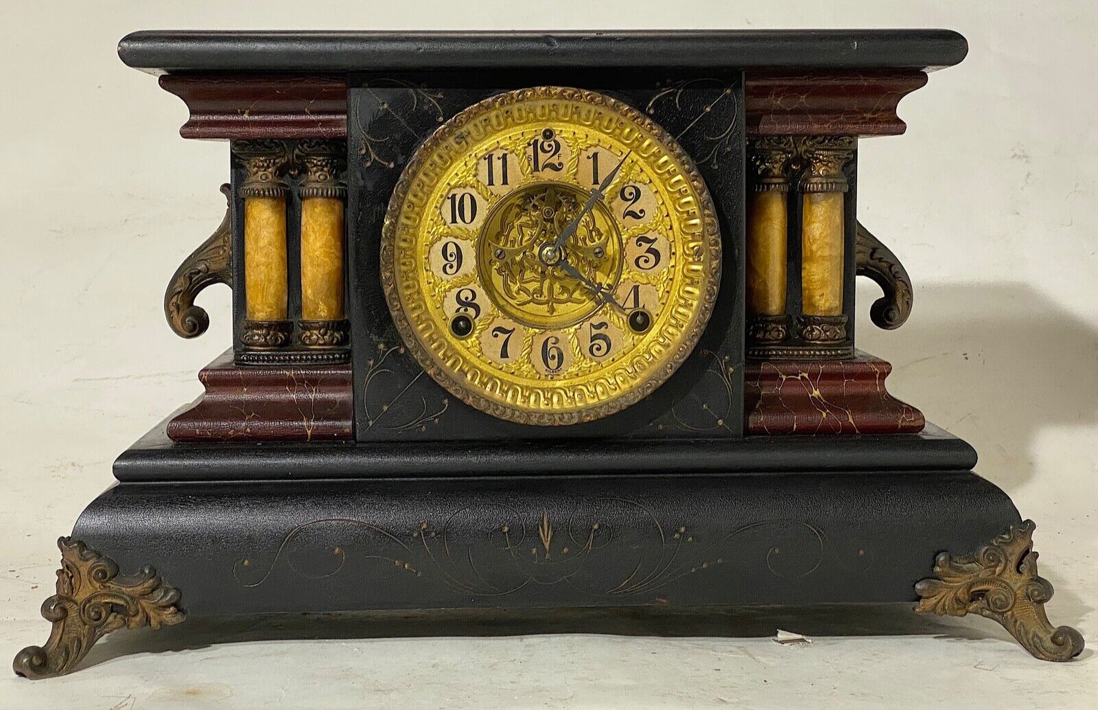 Antique Gilbert  Gold Dial Mantel Clock With Bell and Gong Open Escapement
