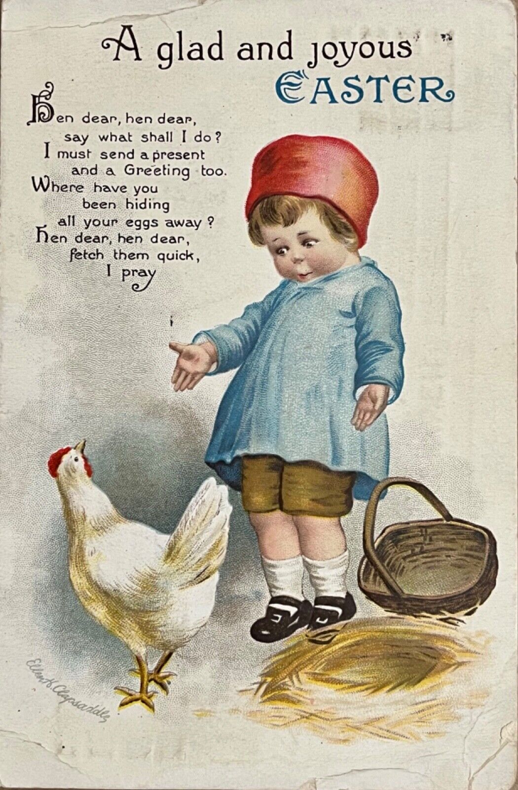 Antique Ellen Clapsaddle Easter Postcard Child Hen and Empty Basket c1910