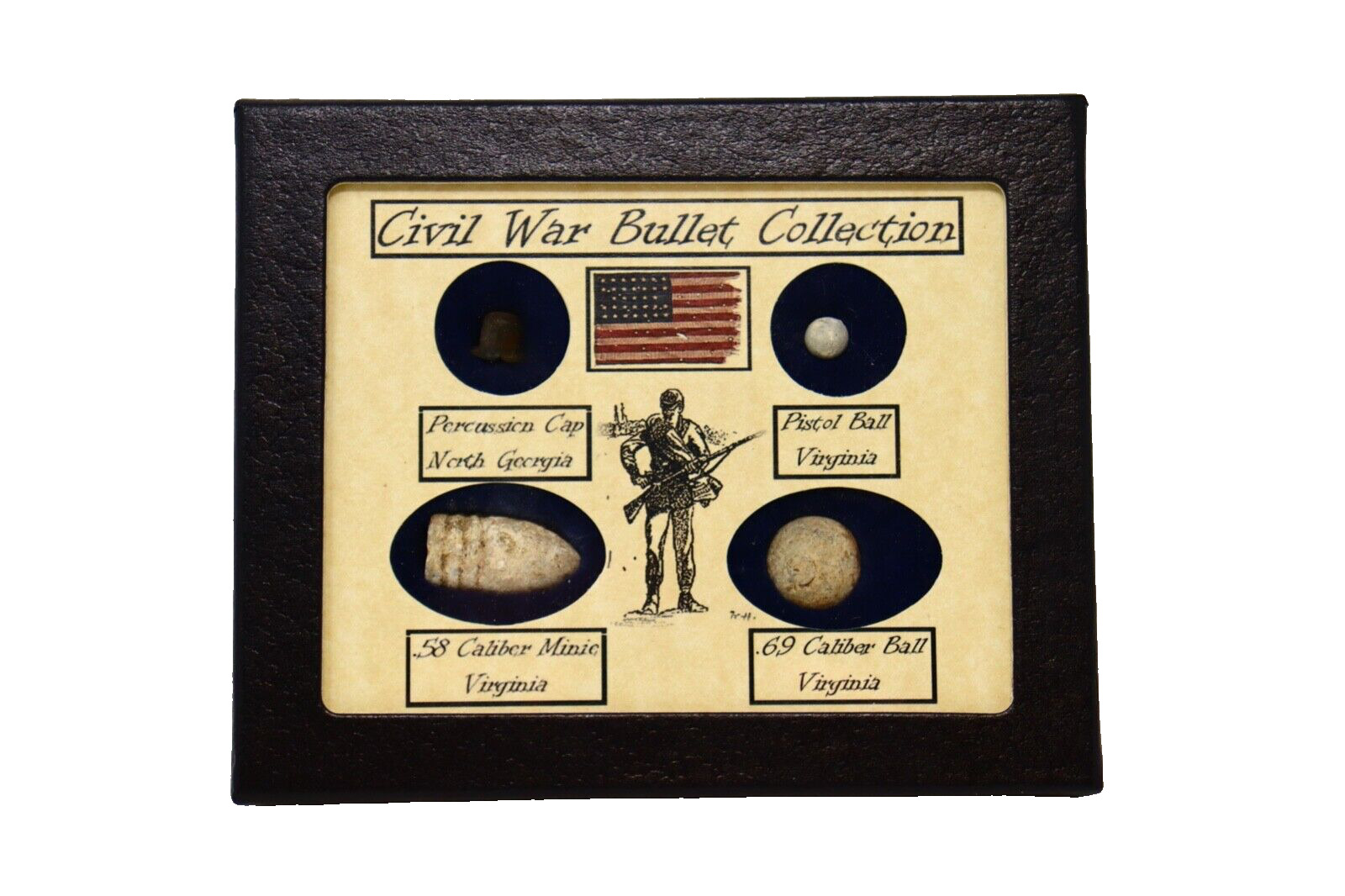 Original Civil War Bullets Relics in Matted Display Case (4 Piece) with COA