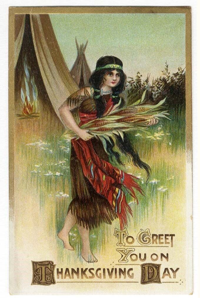 Indian Maiden THANKSGIVING Postcard 1913 Native American Teepee Corn
