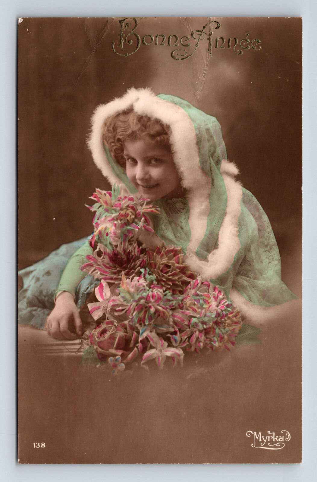 c1916 RPPC French Girl Fur Trim Robe Chrysanthemum Flowers Hand Colored Postcard
